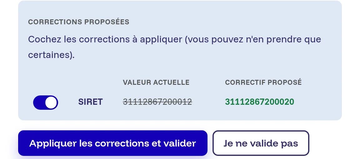 Correction proposée par TierSafe : le SIRET d'un établissement fermé remplacé par celui de l'établissement actif, à appliquer d'un clic